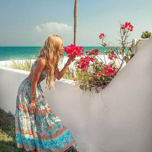 Blue Floral Bohemian Gypsy Long Skirt - Picture 4 of 10